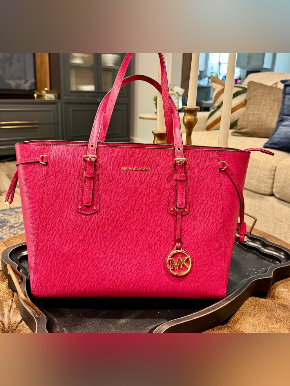 Michael Kors Pink Saffiano Leather Tote with Gold Hardware